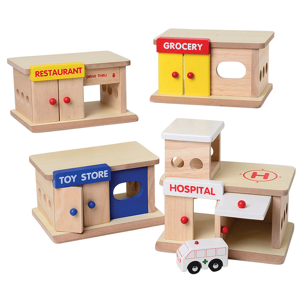 Block Play Community Set with Hospital, Grocery Store, Restaurant & Toy Store